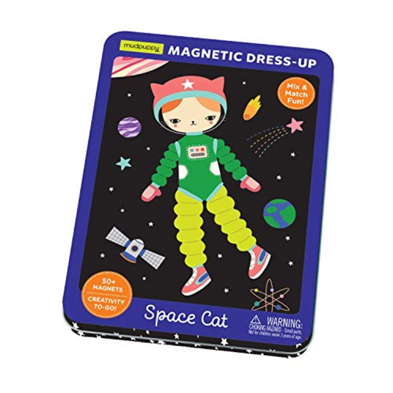 Mudpuppy Space Cat Magnetic Tin  Includes 3 Sheet of Mix & Match Dress Up Magnets and 2 Background Scenes
