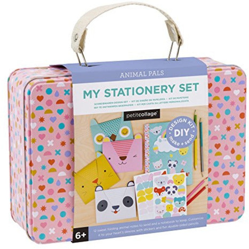 Petit Collage DIY Arts and Crafts Kit, Stationery Design  Craft Kit for Kids Includes 12 Animal Notecards, 1 Blank Journal, 2 Sticker Sheets, 4 Colored Double-Sided Pencils & Instructions