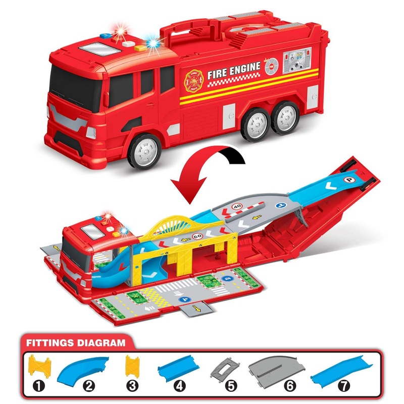 Fun Little Toys Electric Fire Truck Toy Car Carrier 6 Small Metal Trucks