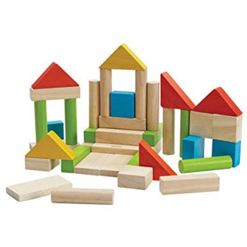 PlanToys Wooden Building Blocks - 40 Unit Blocks Natural and with Color
