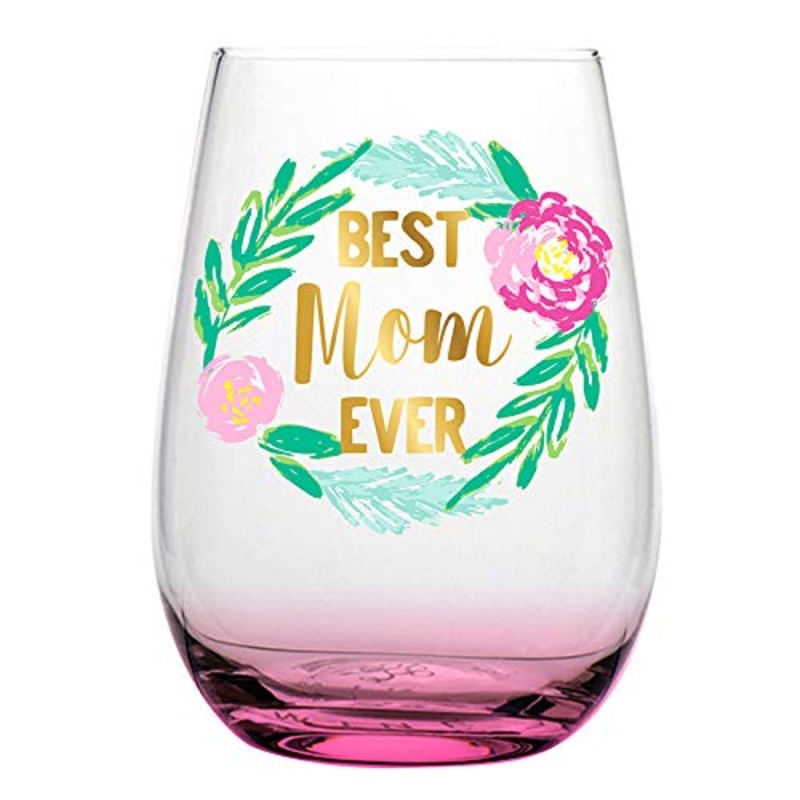 Slant Collections Stemless Wine Glass, 20-Ounce, Best Mom Ever - Pink Floral