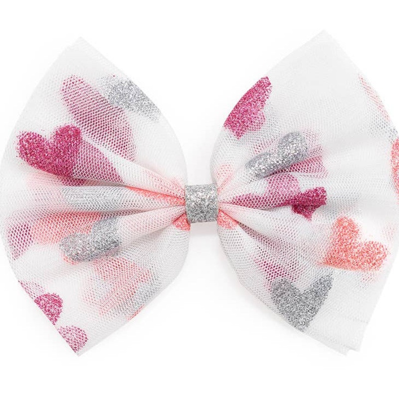 Sweet Wink Glitter Heart Tulle Bow Clip