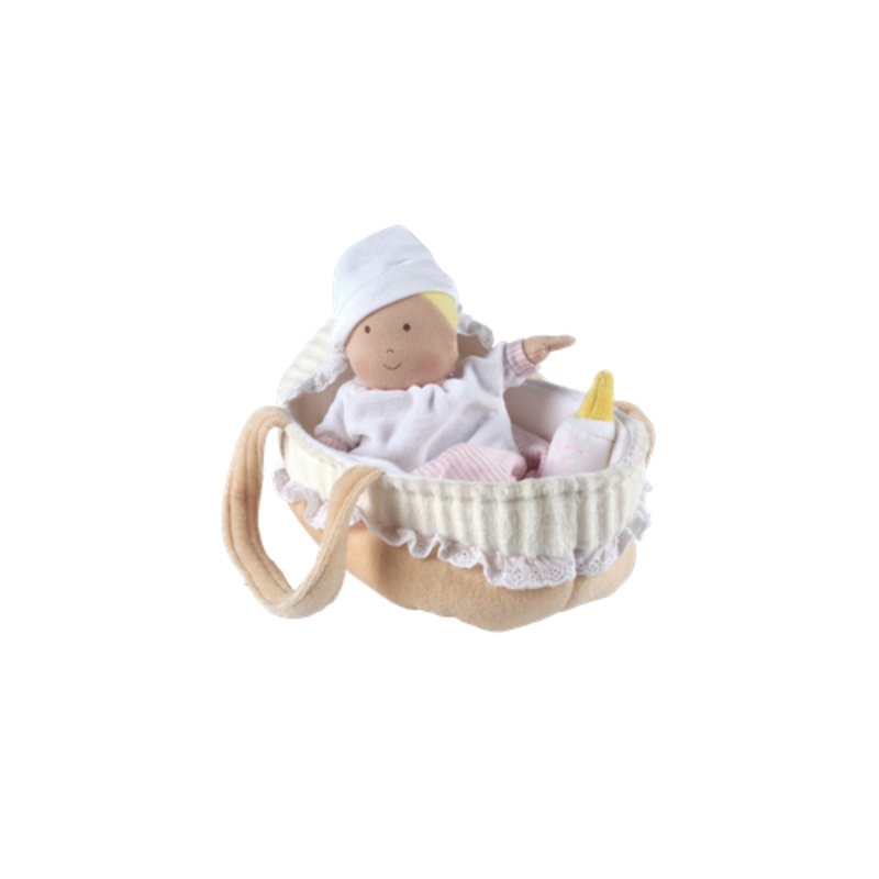 Tikiri Toys Carry Cot with Baby Grace, bottle and blanket