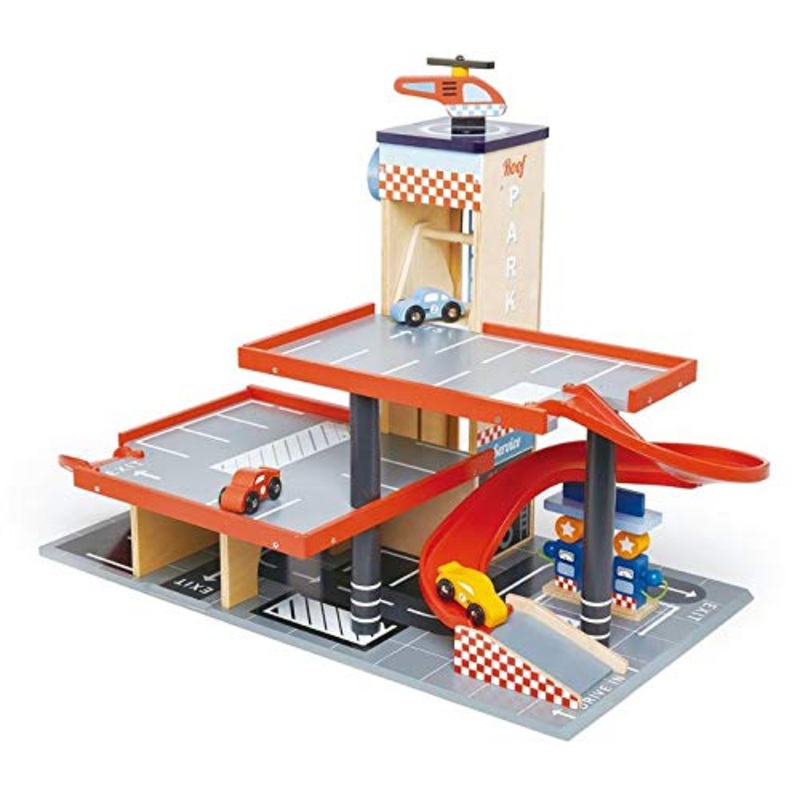 Tender Leaf Toys Blue Bird Service Station Classic Wooden Garage and Service Station for Cars and Helicopter with Ramps, 3+