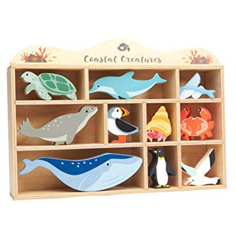 Tender Leaf Toys Coastal Creatures 8 Wooden Ocean Animal Figurines with a Display Shelf Classic Toy for Pretend Play, 3+