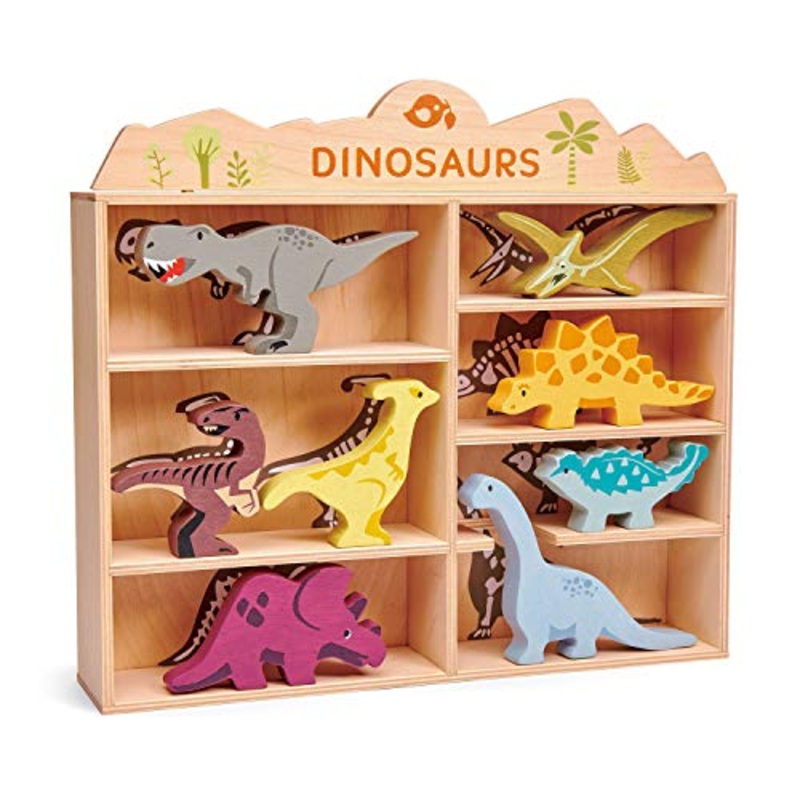 Tender Leaf Toys Dinosaur Animals 8 Wooden Prehistoric Figurines with a Display Shelf