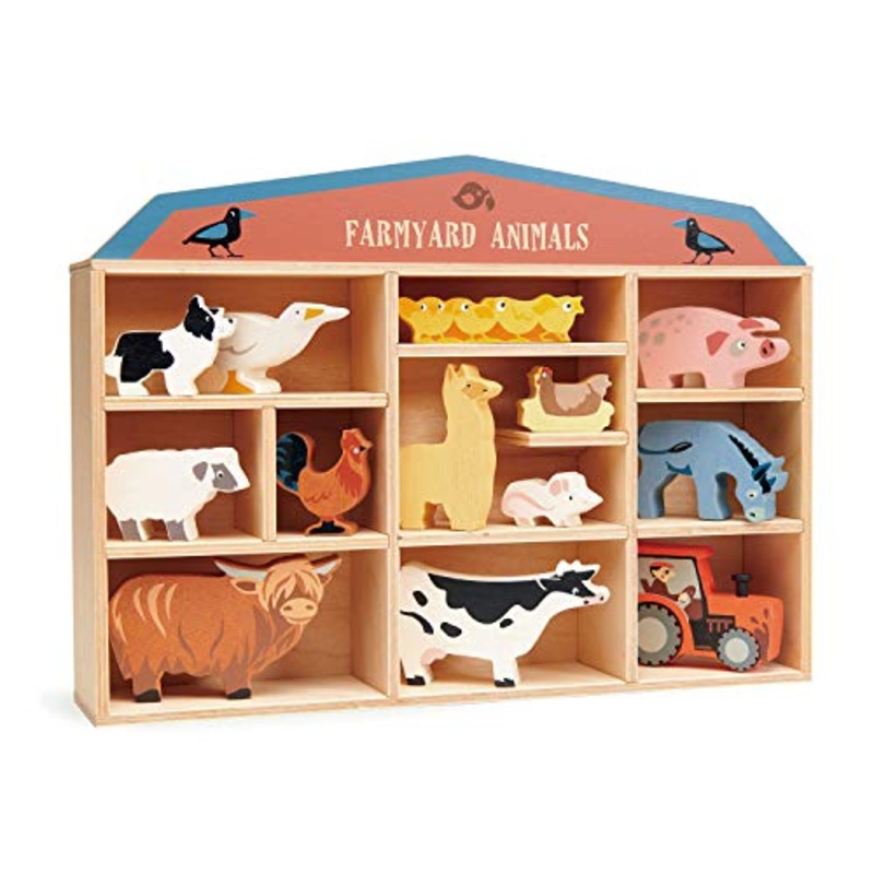 Tender Leaf Toys Farmyard Animals - 13 Wooden Country Farm Figurines with a Display Shelf Classic Toy for Pretend Play, 3+