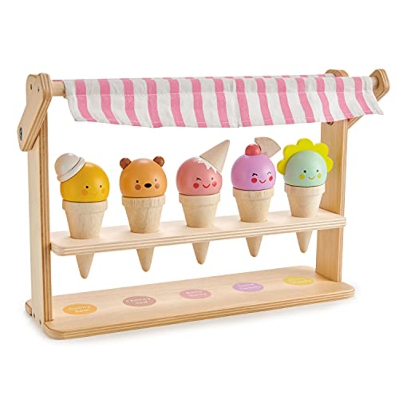 Tender Leaf Toys - Scoops and Smiles - Ice Cream Toy Shop with 5 Beautiful Solid Wood Ice Cream Cornets Set for Kids 3+