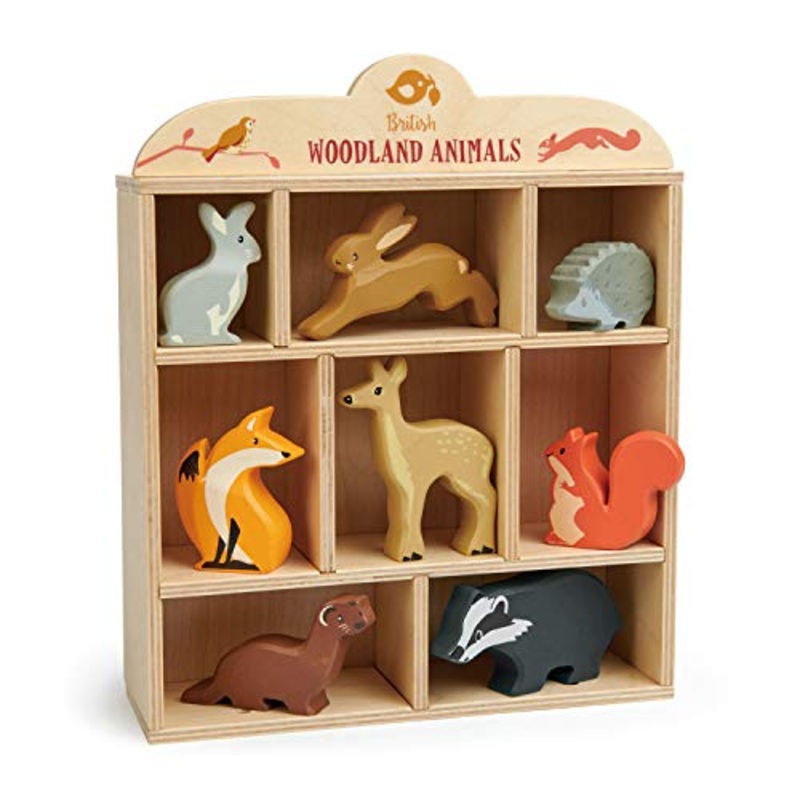 Tender Leaf Toys Woodland Animals 8 Wooden Forest Animals with a Display Shelf -Classic Toy for Pretend Play, 3+
