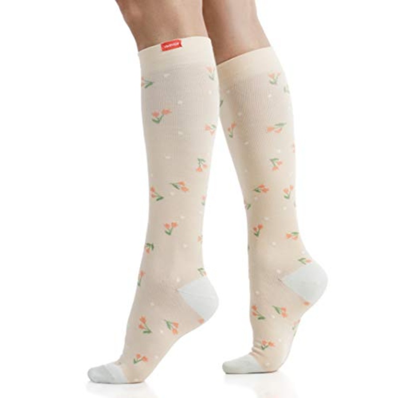 VIM & VIGR Cotton 15-20 mmHg Graduated Compression Socks for Women & Men (Melon & Mint Spring Floral, S/M Wide Calf)