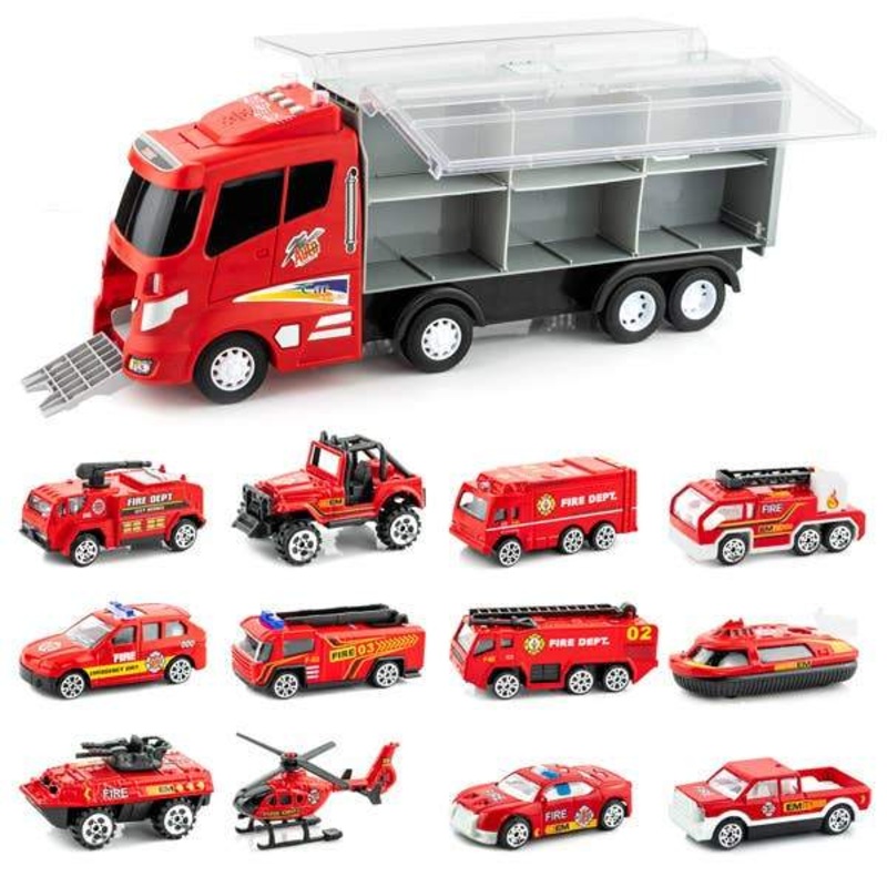 Fun Little Toys 12 in 1 Die-cast Fire Truck Transport Fire Truck Carrier