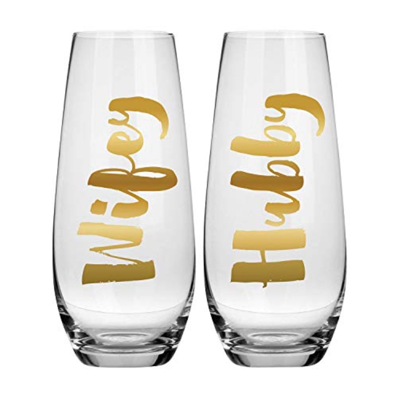 Slant Collections - Set of 2 Stemless Champagne Glasses - Wife / Hubby