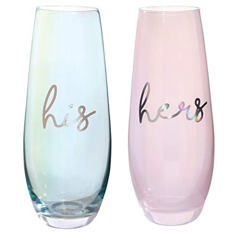Slant Collections Stemless Champagne Glasses Set of 2 - his/hers, 10 oz.