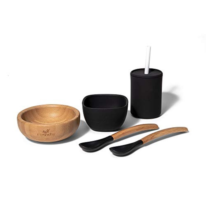 Avanchy-Bamboo La Petite Family Gift Set, Black (Bamboo Bowl, Silicone Bowl, Infant Spoons, Silicone Cup)