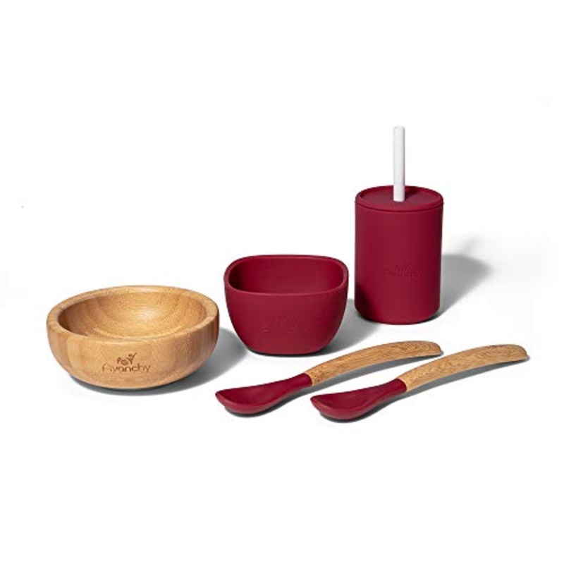 Avanchy-Bamboo La Petite Family Gift Set, Magenta (Bamboo Bowl/Silicone Bowl, Infant Spoons, Silicone Cup)