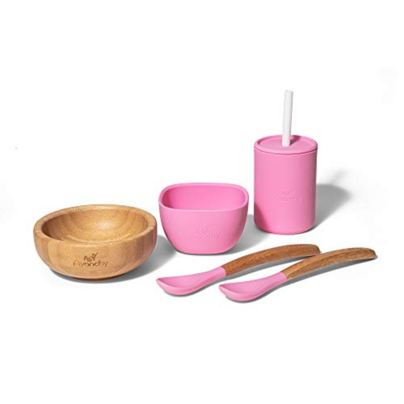 Avanchy-Bamboo La Petite Family Gift Set, Pink (Bamboo Bowl/Silicone Bowl, Infant Spoons, Silicone Cup)