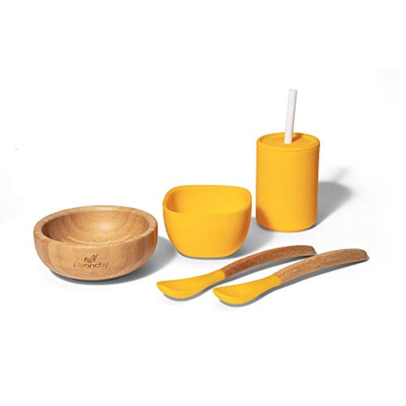 Avanchy-Bamboo La Petite Gift Set, Yellow (Bamboo Bowl/Silicone Bowl, Infant Spoons, and Silicone Cup)