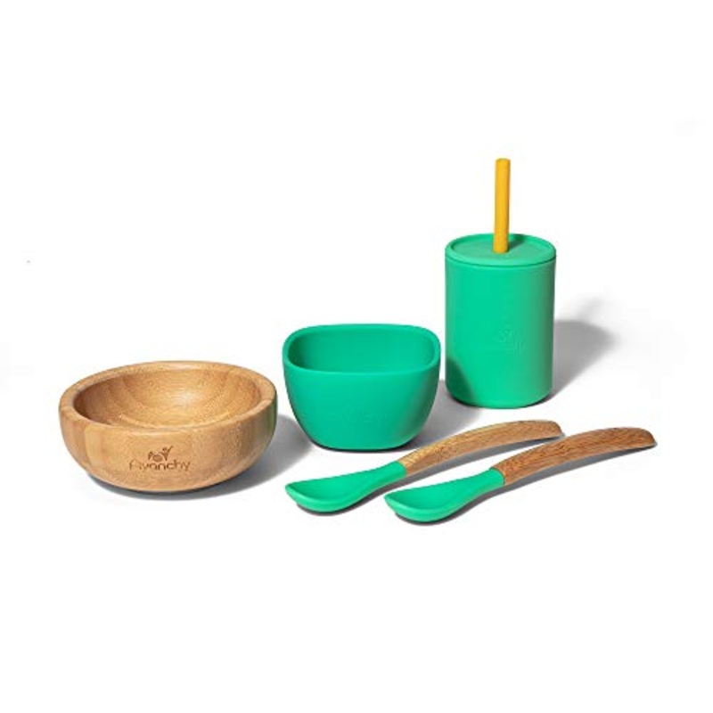 Avanchy-La Petite Family Gift Set, Green (Bamboo Bowl/Silicone Bowl, Infant Spoon, Silicone Cup