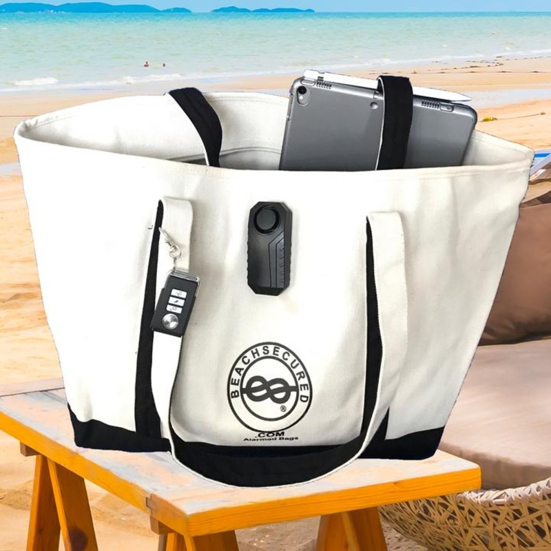 BeachSecured-Alarmed Anit-Theft Secured Bag Lockable Alarm System Safe Tote Bag.  Waterproof Remote Control
