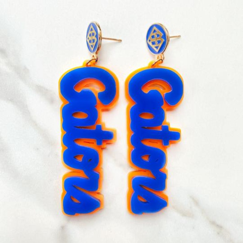 Brianna Cannon University of Florida Earrings Blue Gators Script Logo over Neon Orange with Blue BC Logo Top