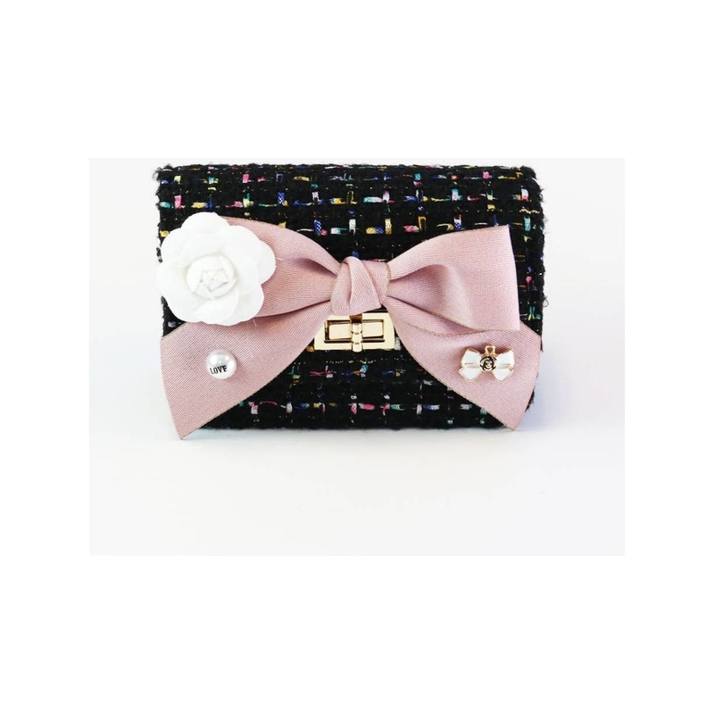 doe a dear Black Floral Bow Tweed Purse