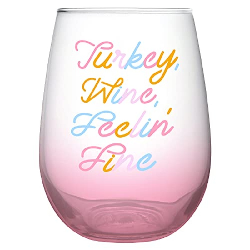 Slant Collections Holiday Stemless Wine Glass - Turkey Wine Feelin' Fine, 20 oz.