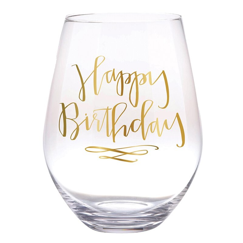 Slant Collections Jumbo Stemless Wine Glass - Happy Birthday - Gold, 30 oz.