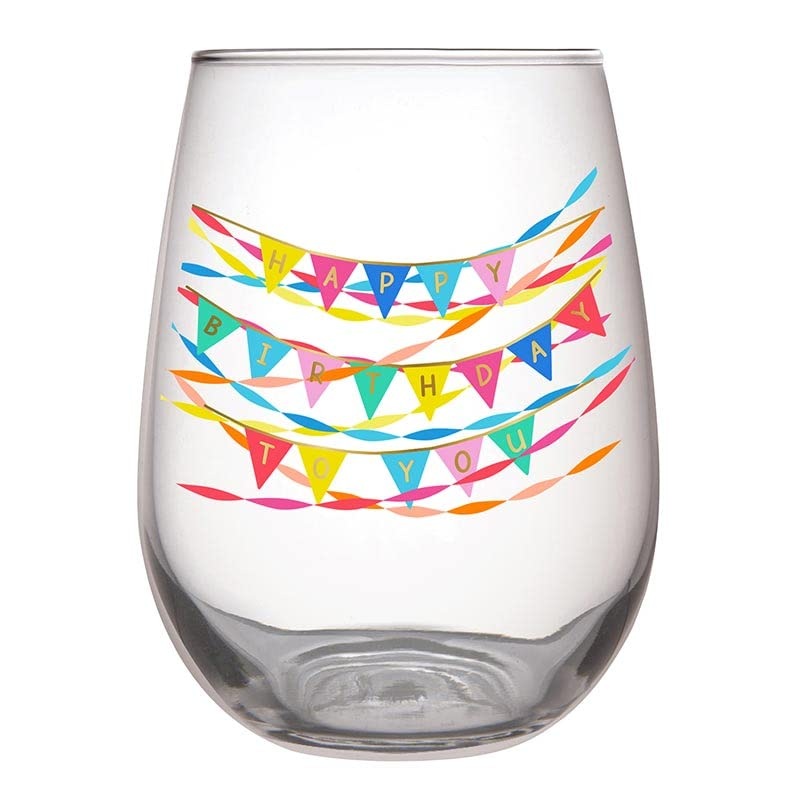 Slant Collections Stemless Wine Glass - Happy Birthday To You - Garland, 20 oz.