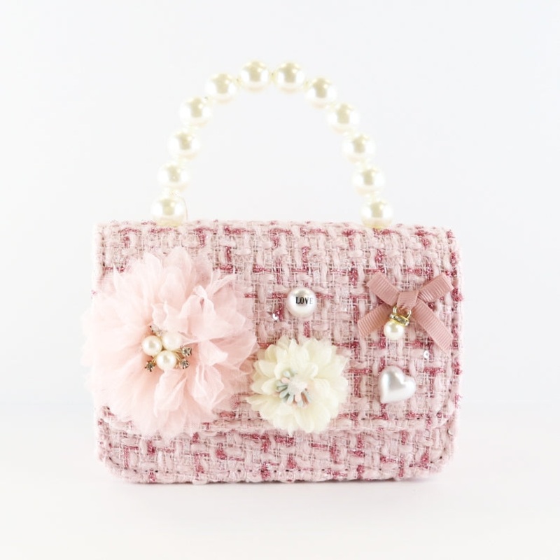doe a dear Pink Floral Appliques Tweed Purse