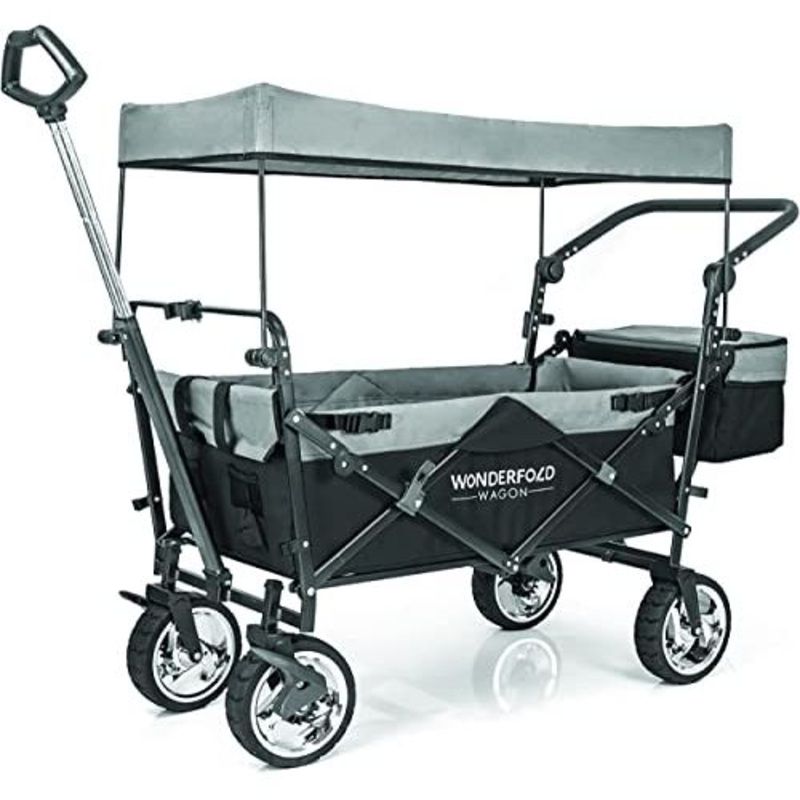 WONDERFOLD S4 Push & Pull Utility Folding Wagon with Brakes and Removable Canopy Featuring Adjustable Push Handle, Telescopic Pull Handle, and 150 lb Capacity Black