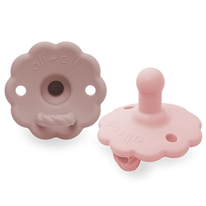 Ali+Oli Pacifier Set Daisy Flower Scallop (Blush & Pink) Set of 2 Concaved Shield Newborn Pacifiers, BPA-Free Silicone Baby Pacifier Set, Baby Binkies Compatible w/ Holder Clips
