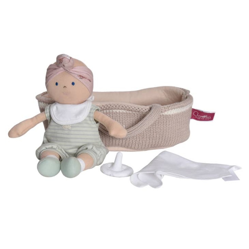 Tikiri Knitted Carry Cot W/Remi Baby Light Skin, Soother & Blanket