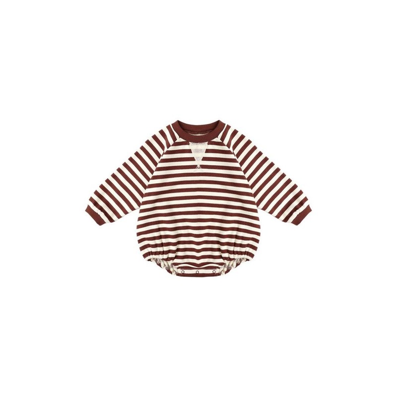 Rylee + Cru Crewneck Romper, Burgundy Stripe 0-3M