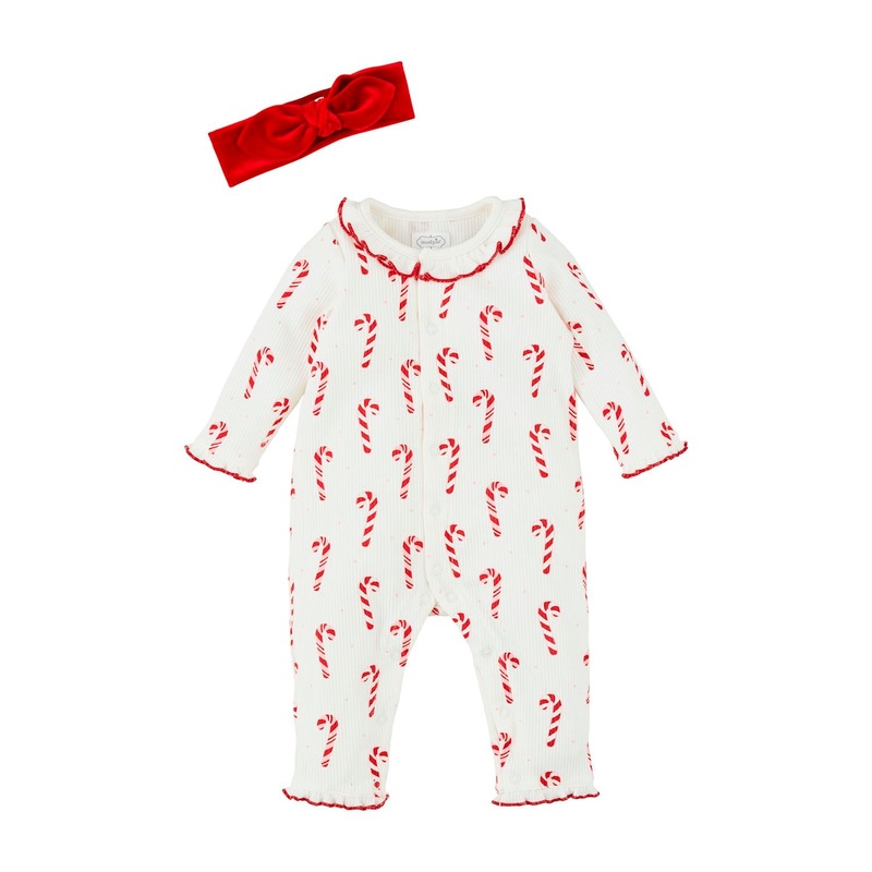Mud Pie Candy Cane One-Piece & Headband Set 3-6M