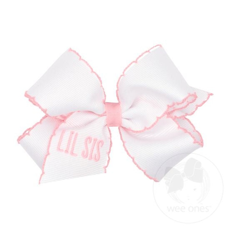 Wee Ones Medium Grosgrain Hair Bow with Light Pink Moonstitch Edge And "Lil Sis" Embroidery Bow, One Size