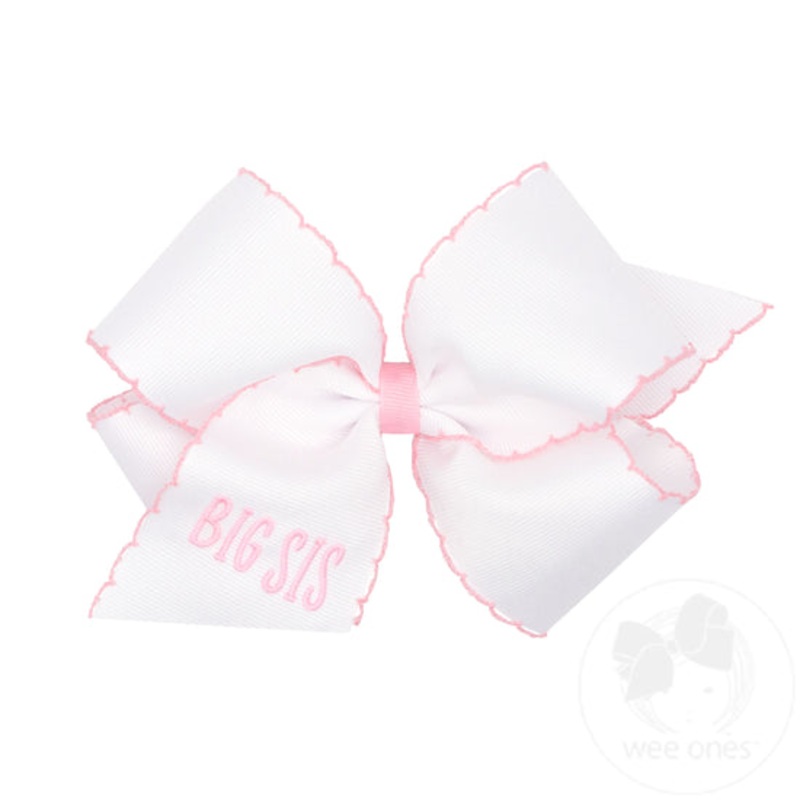 Wee Ones Mediumium Grosgrain Hair Bow With Light Pink Moonstitch Edge And "Big Sis" Embroidery Bow, One Size