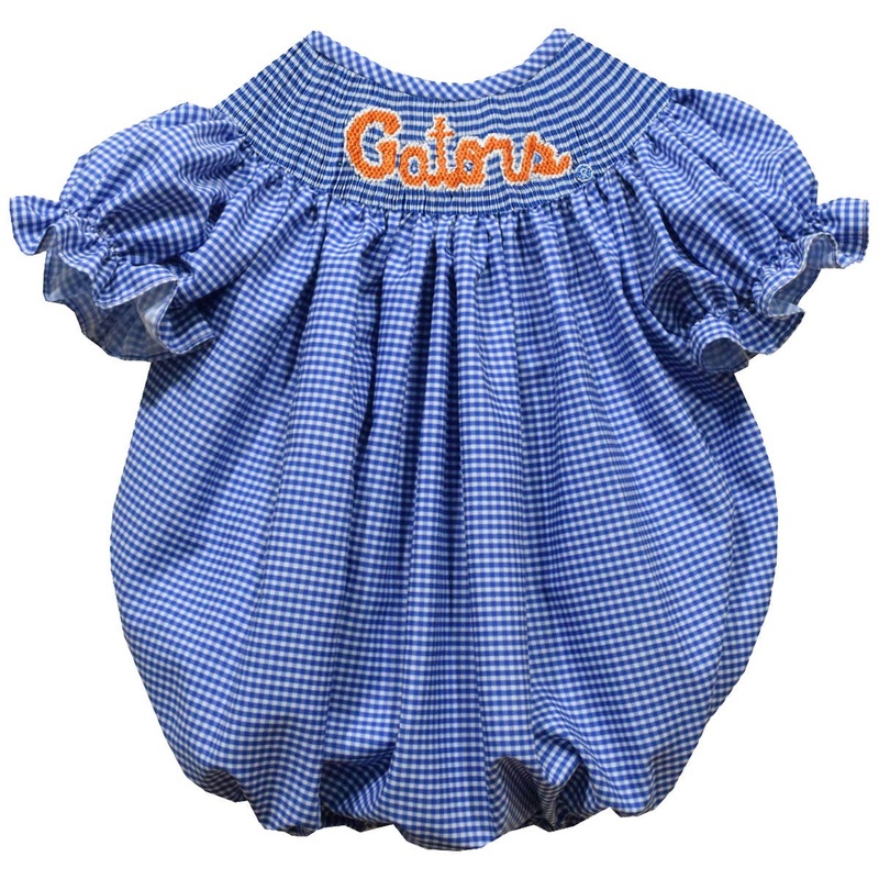 Vive La Fete Florida Gators Smocked Blue Gingham Short Sleeve Girl Bubble 6M