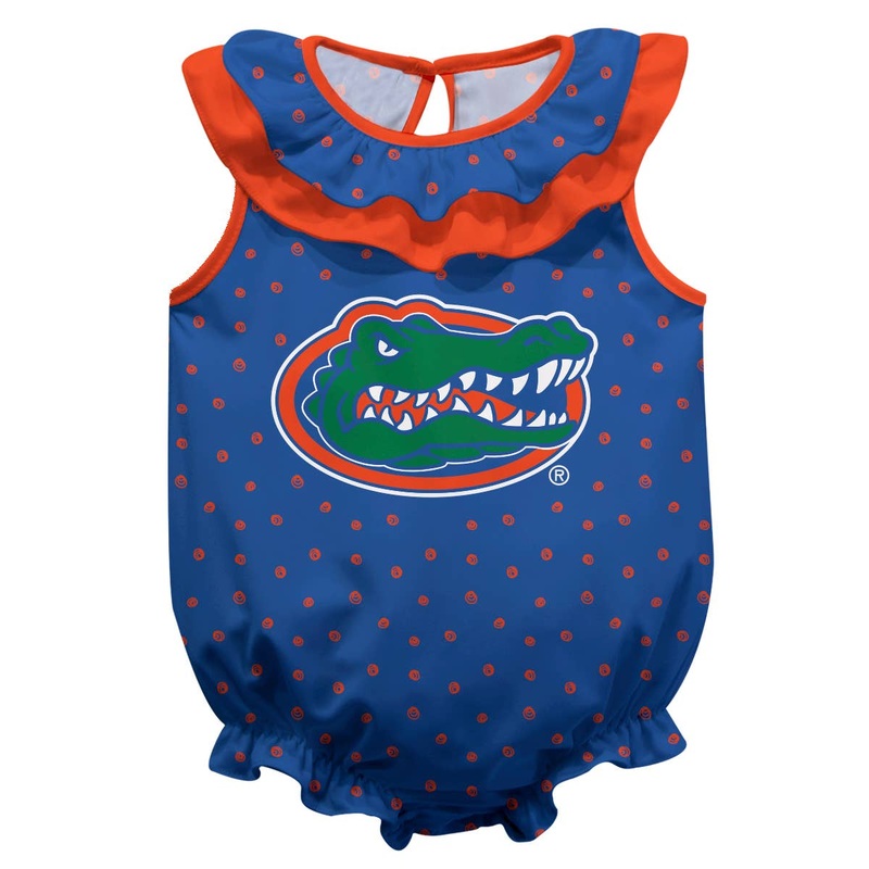 Vive La Fete Florida Gators Swirls Blue Sleeveless Ruffle Onesie Logo 3M