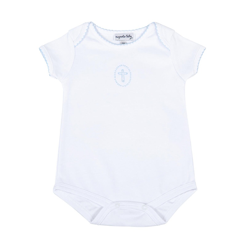 Magnolia Baby Blessed Blue Embroidered Short Sleeve Lap Bodysuit 3M