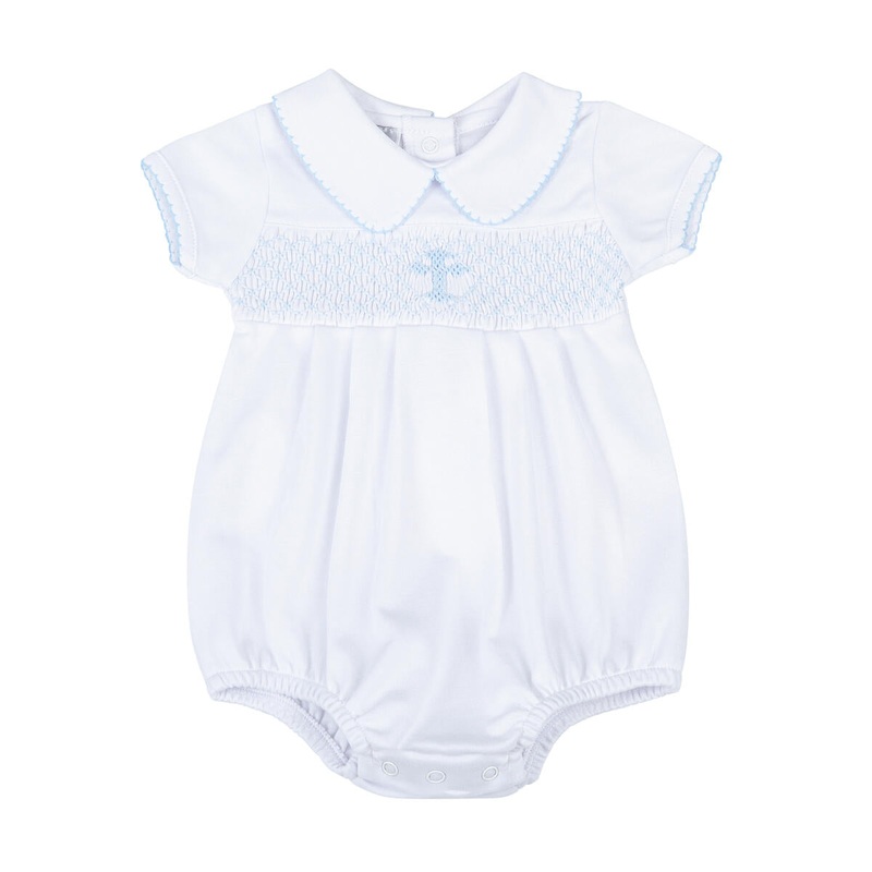 Magnolia Baby Blessed Blue Smocked Collared Short Sleeve Boy Bubble Newborn