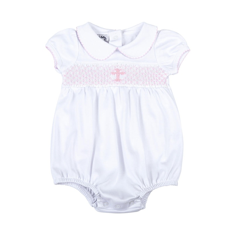 Magnolia Baby Blessed Pink Smocked Collared Short Sleeve Girl Bubble Newborn