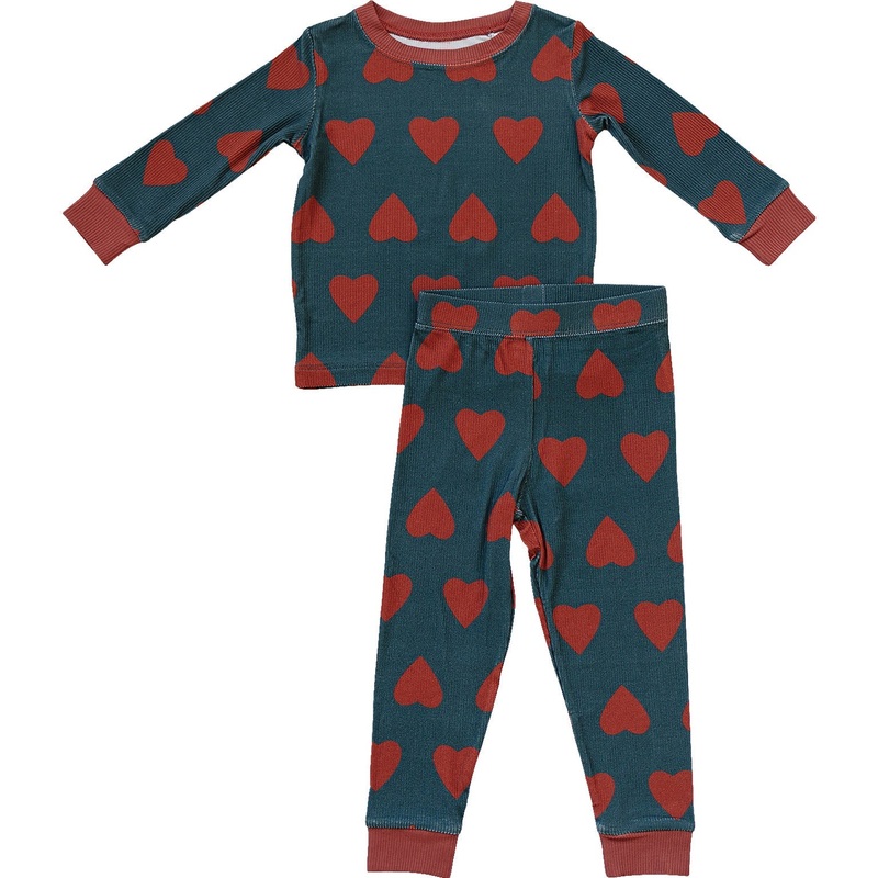 Mebie Baby Navy + Red Hearts Ribbed Bamboo Cozy Set 2T