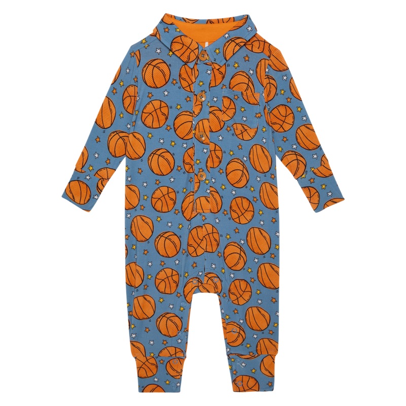 Posh Peanut Slam Dunk Long Sleeve Collared Henley Long Romper 0-3M