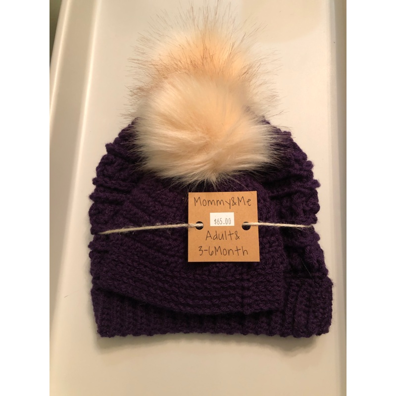 Mommy & Me, Adult & 3-6 Month Knit Hat with Pom Pom Set Purple
