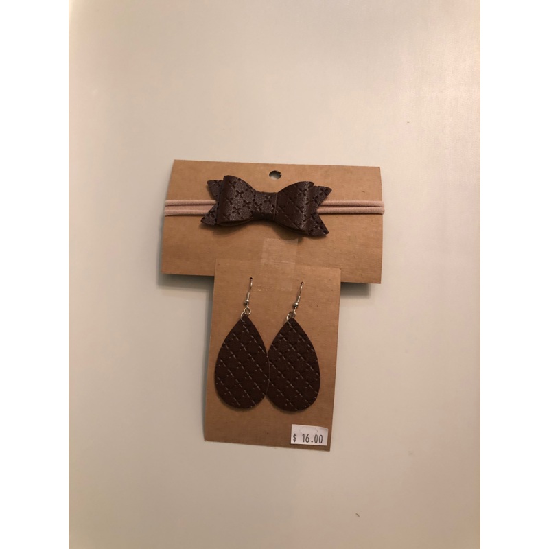Textured Teardrop Earrings & Matching Baby Headband with Bow Brown