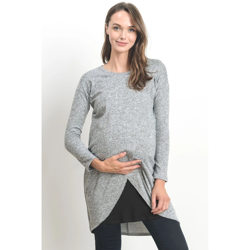 Hello Miz Long Sleeve Knit Surplice Maternity & Nursing Sweater Tunic Small Heather Grey