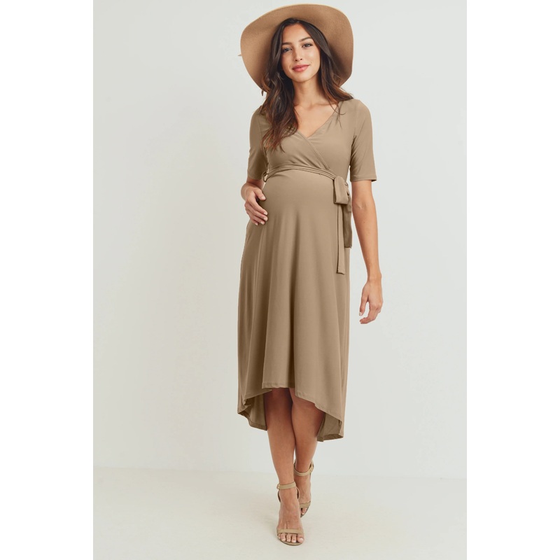 Hello Miz Solid Tie Waist High-Low Maternity/Nursing Dress Mocha Medium