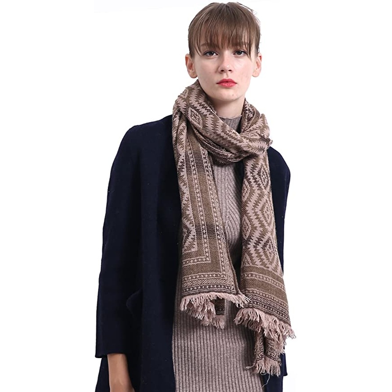 Wool Scarf for Women Brown Gradient Color Shawl with Tassel Chunky Wrap
