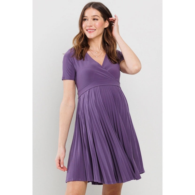 Hello Miz Pleated Short Sleeve Maternity Nursing Mini Dress Dusty Purple Small