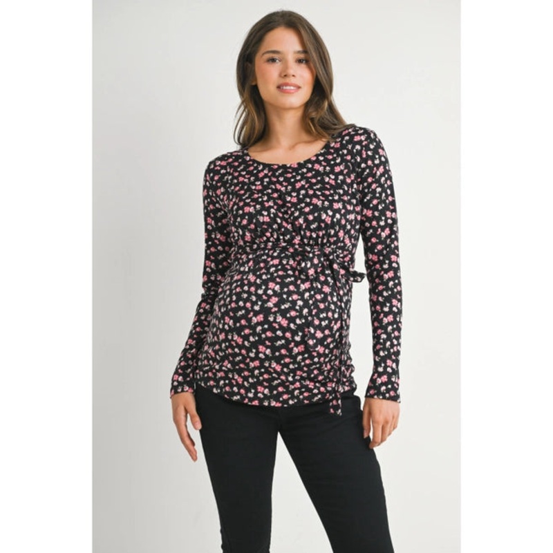 Hello Miz Floral Long Sleeve Maternity Nursing Knit Top Small Black